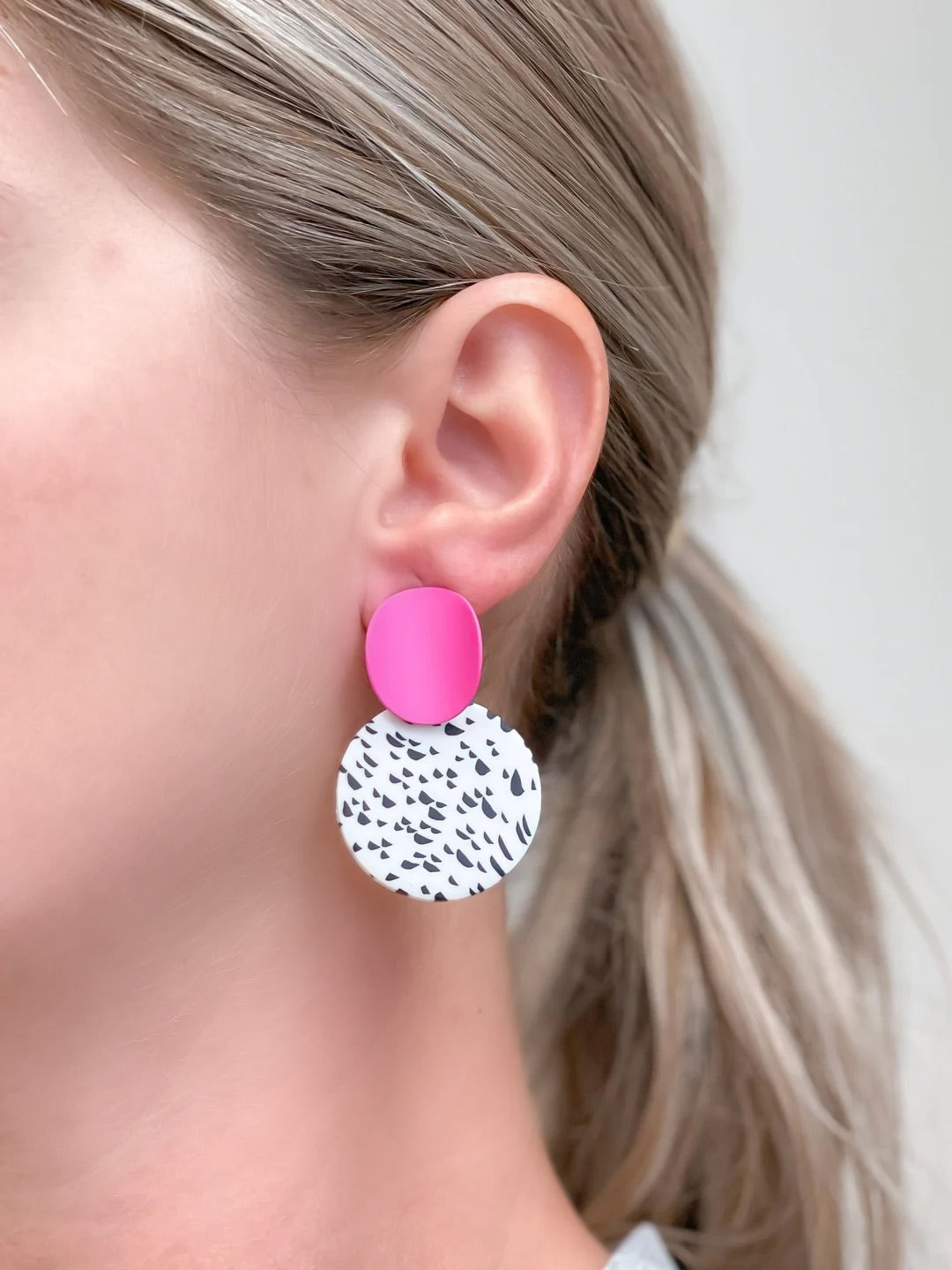 Black, White & Pink Geometric Clay Dangles - Spotted