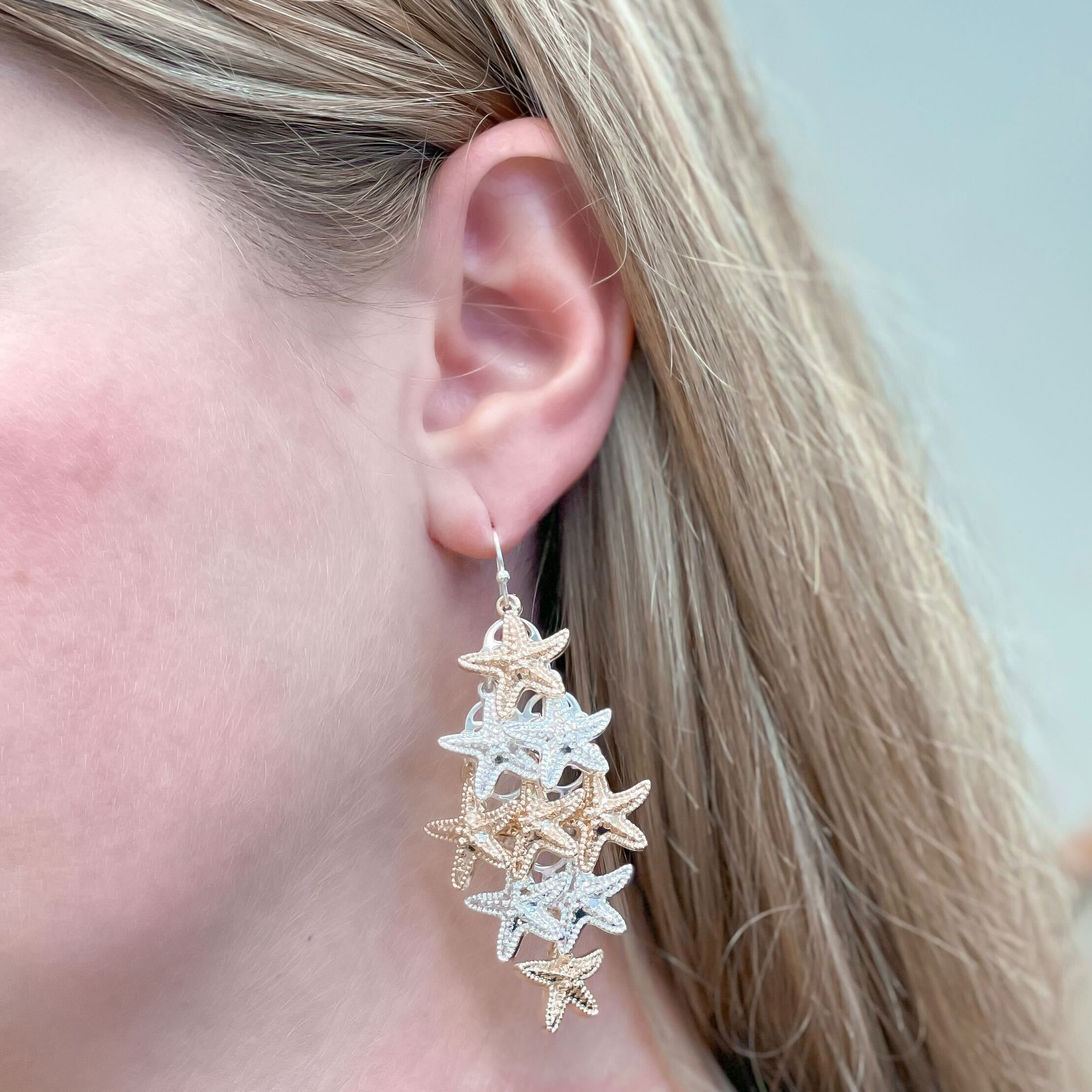 Gold & Silver Starfish Cluster Dangle Earrings