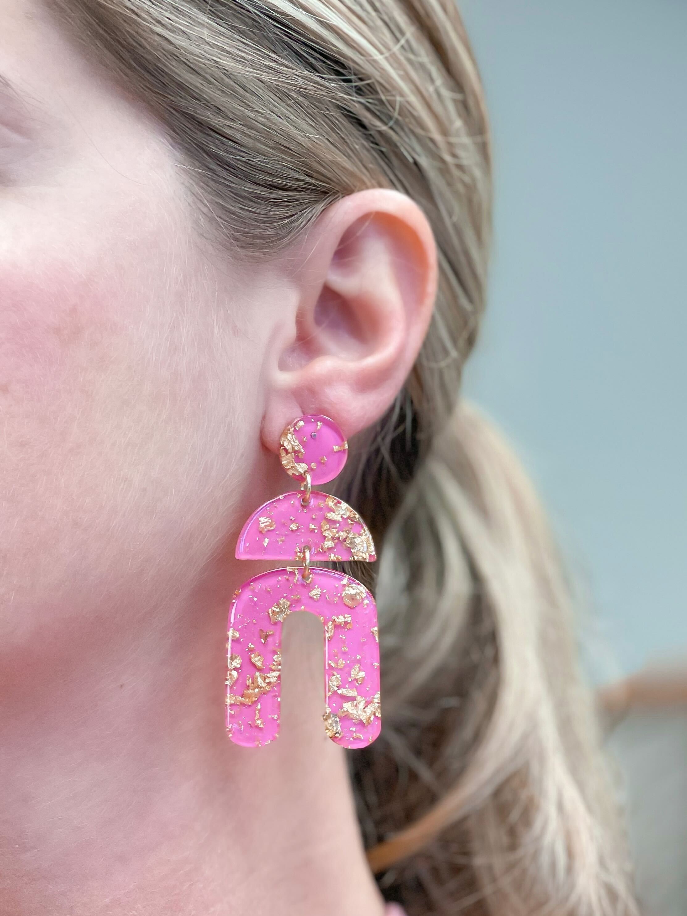 Tiered Geometric Arch Gold Foil Dangle Earrings - Pink