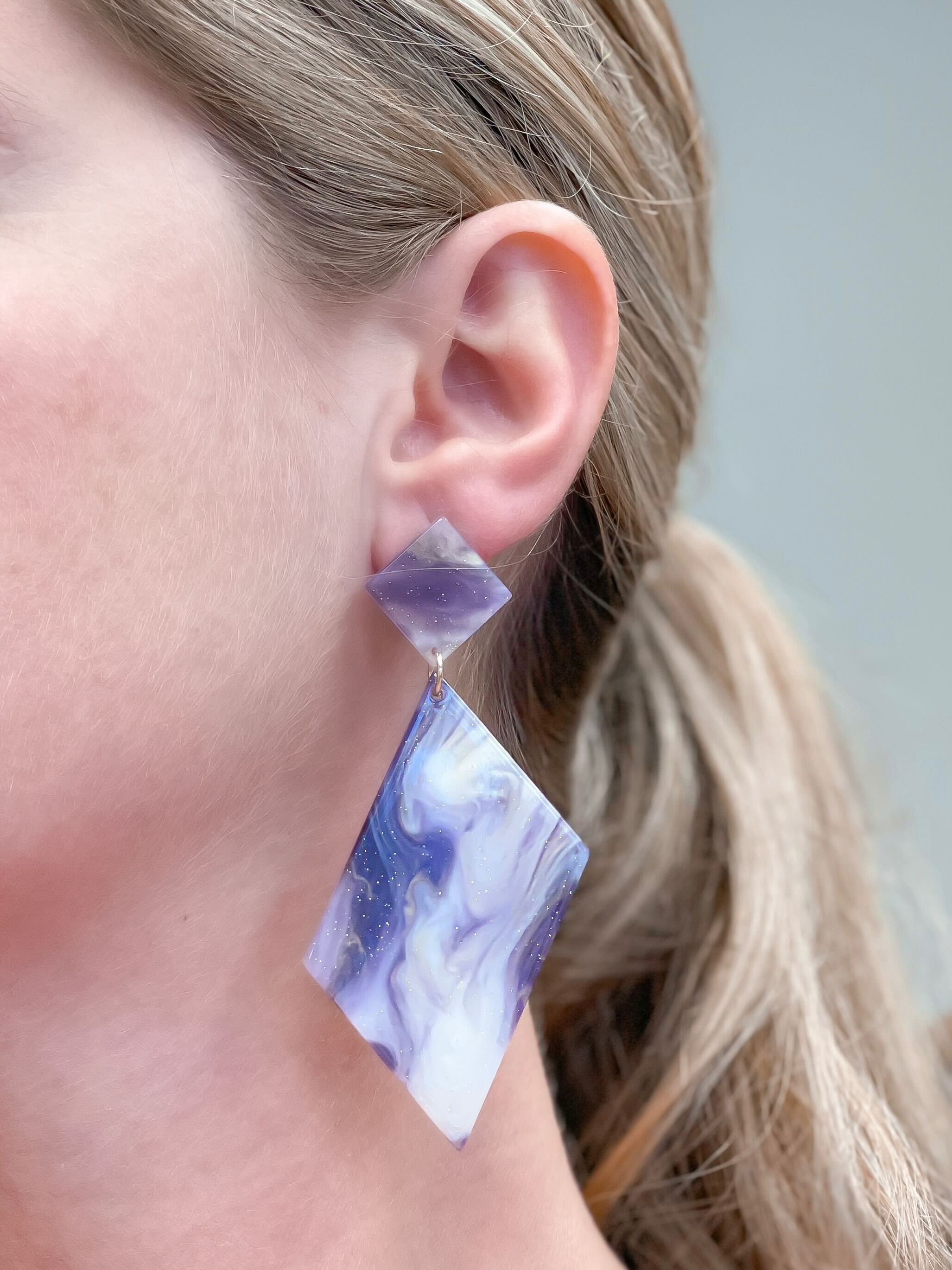 Marbled Angular Geometric Dangle Earrings - Purple