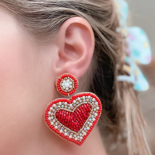 Beating Heart Beaded Dangle Earrings - Red