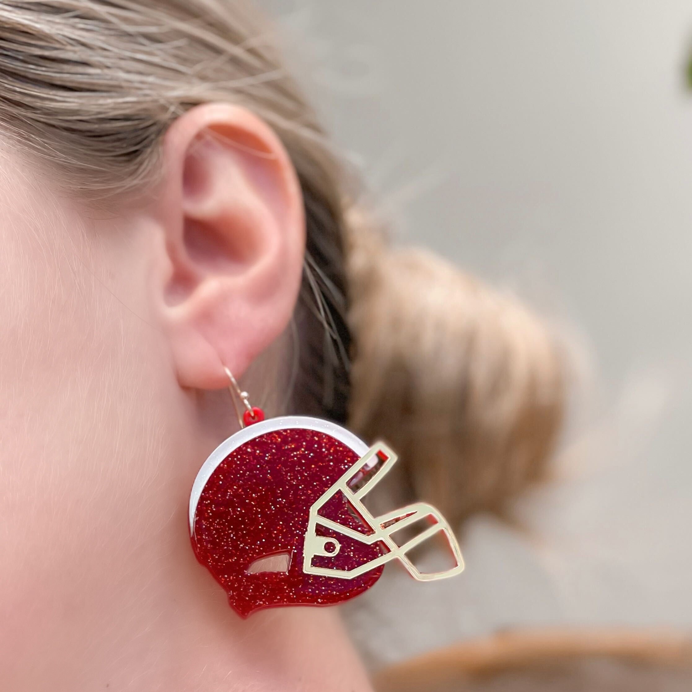 Glitter Football Helmet Dangle Earrings - Red