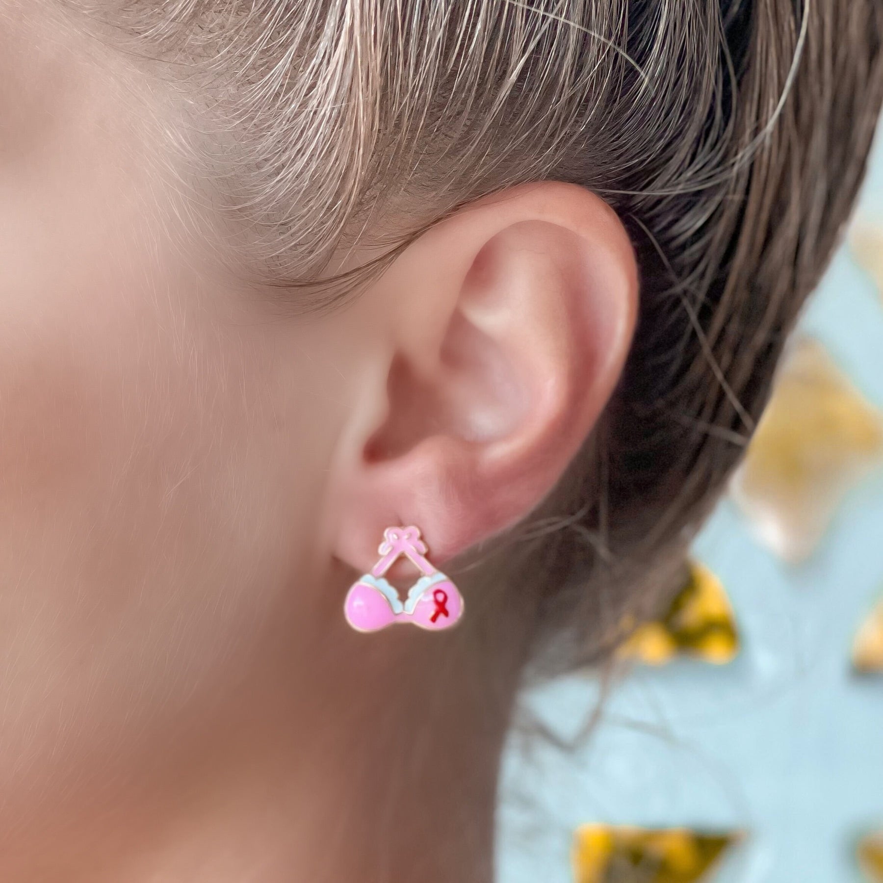 Pink Ribbon Bra Signature Enamel Stud Earrings