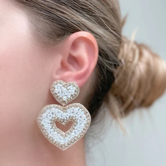 Sparkly Beaded Double Heart Dangle Earrings - Ivory