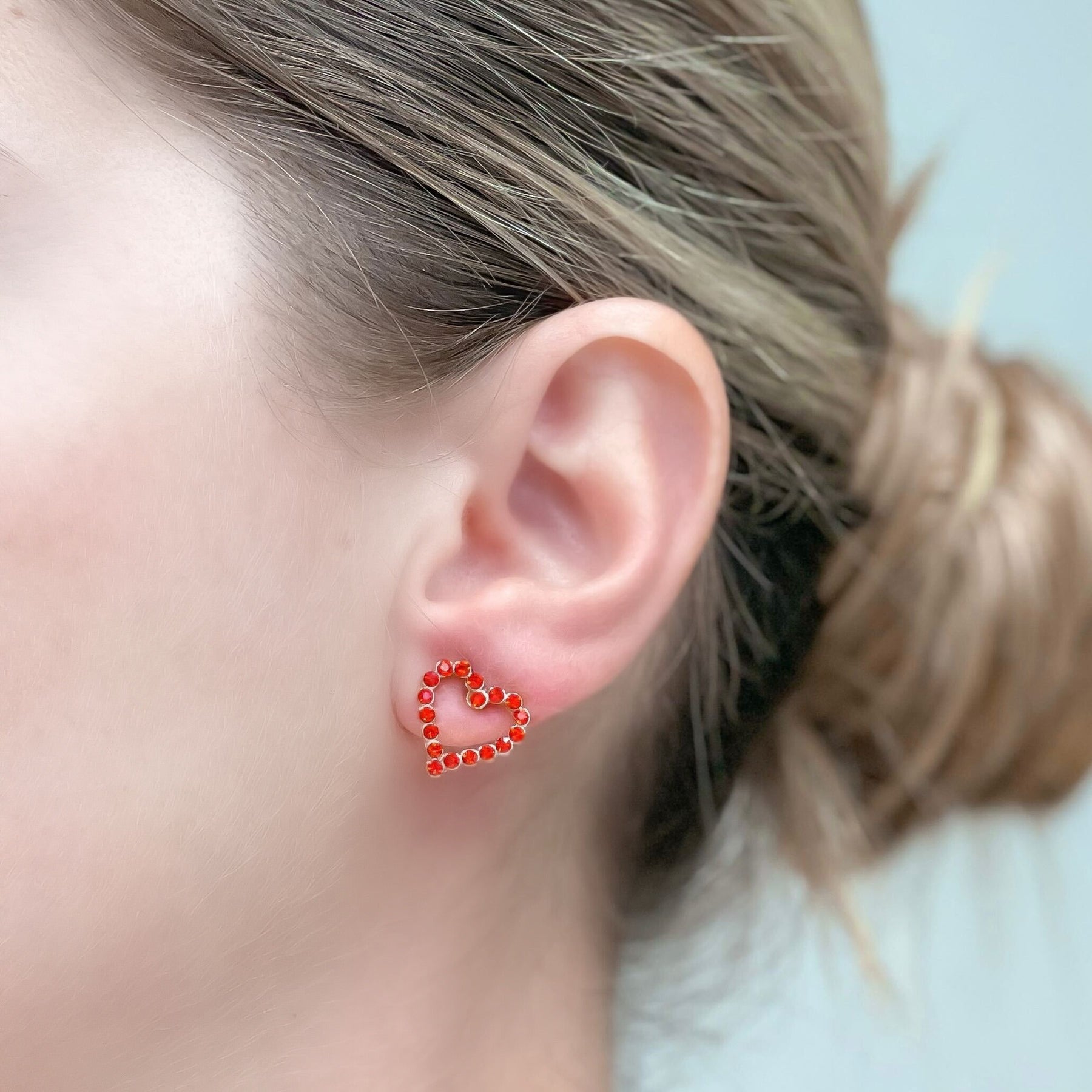 Pave Heart Stud Earrings - Red