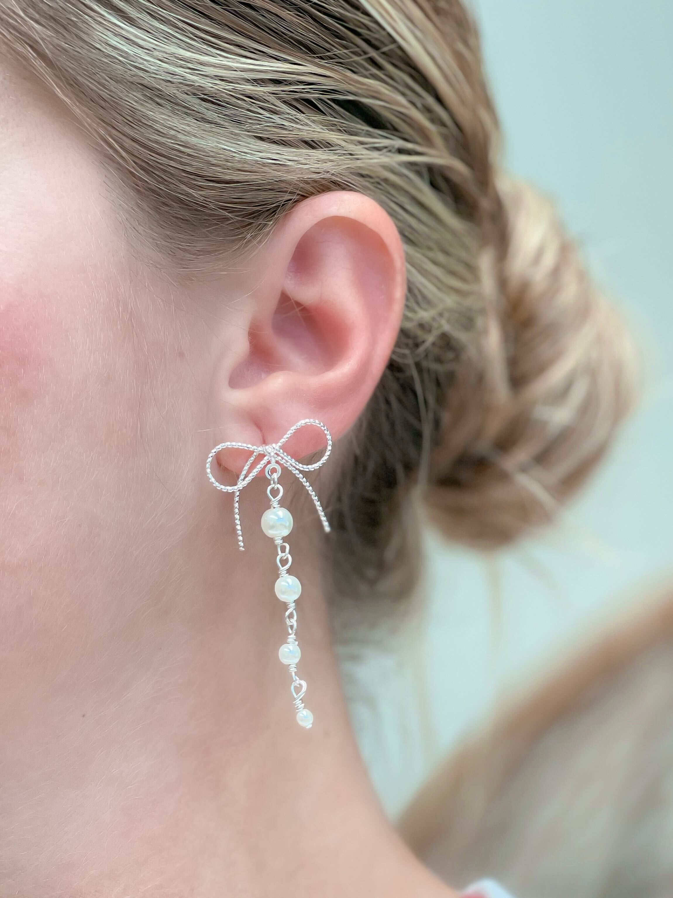 Dainty Bow & Pearl Chain Dangle Earrings - Silver