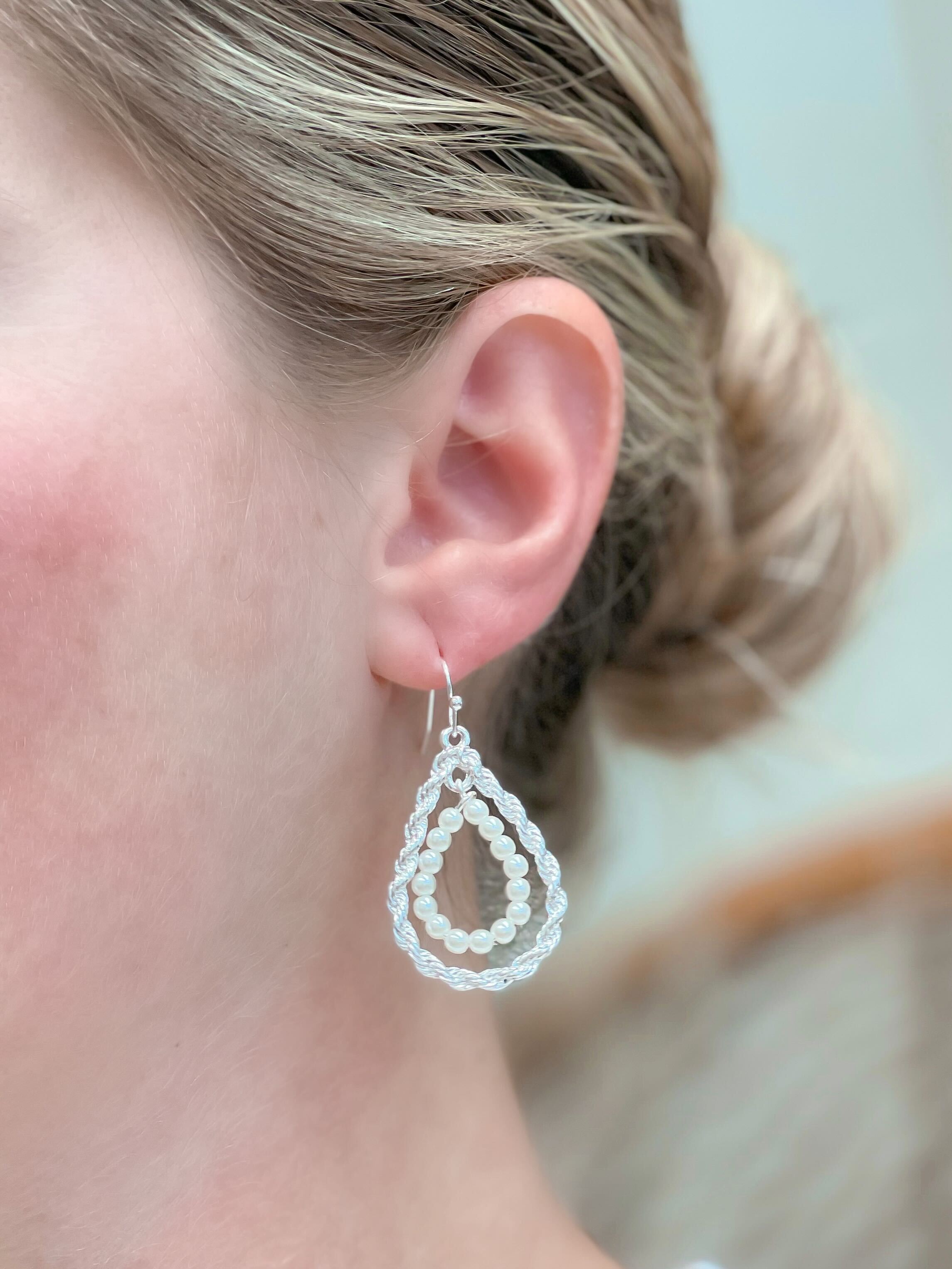 Twisted Double Teardrop Pearl Dangle Earrings - Silver