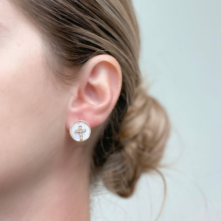 Crystal Zirconia Cross Pearlescent Button Studs