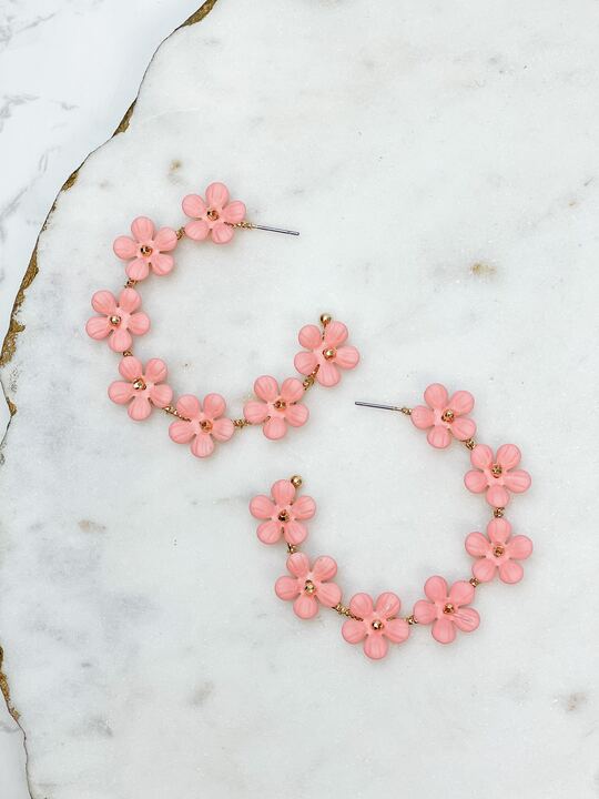 Matte Flower Hoop Earrings - Pink