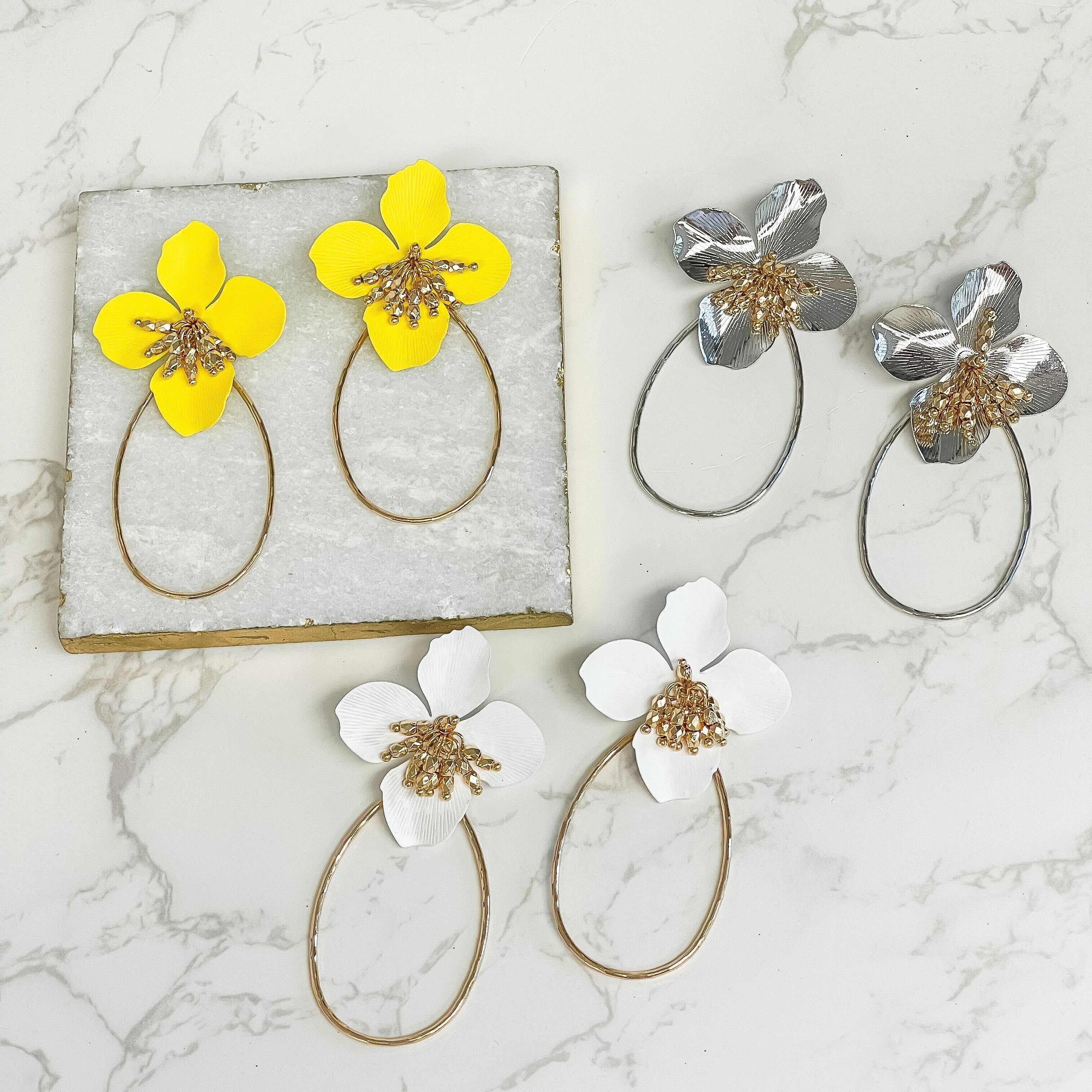 Oval Flower Statement Dangle Earrings - Yellow
