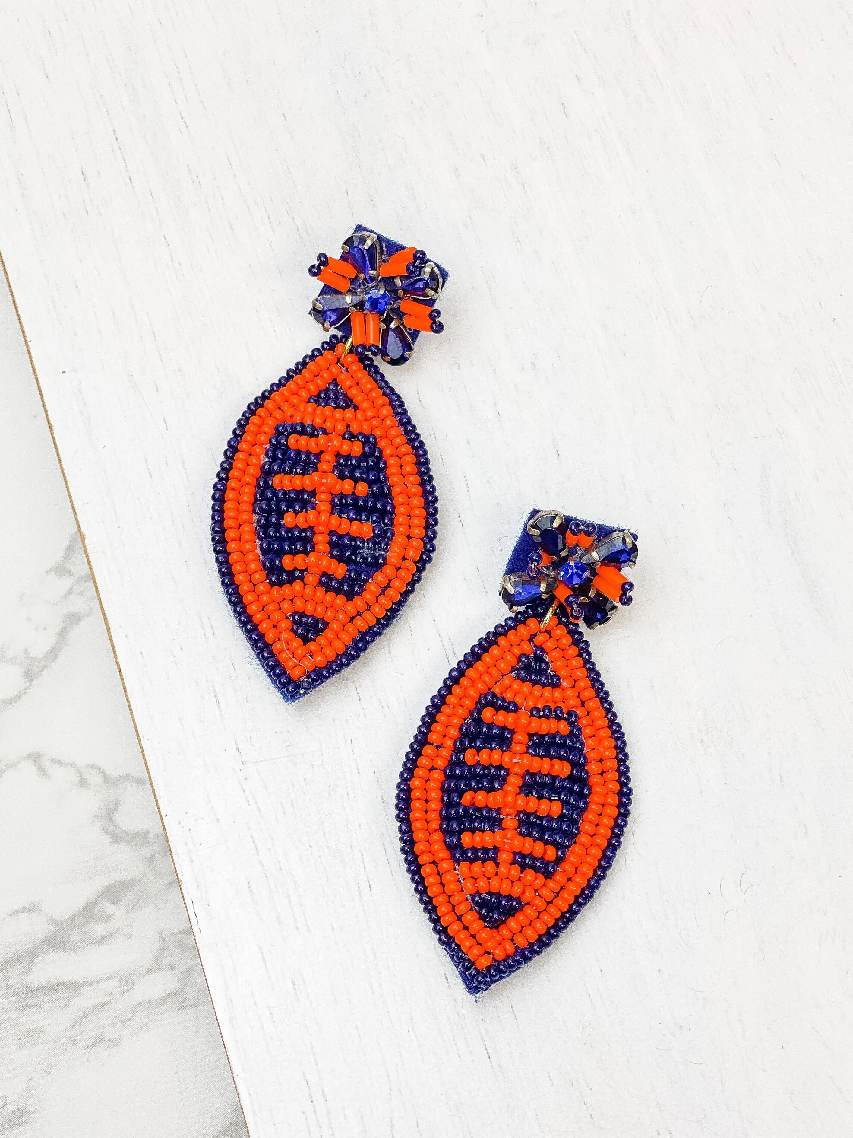 Glitzy Post Football Dangle Earrings - Navy Blue & Orange