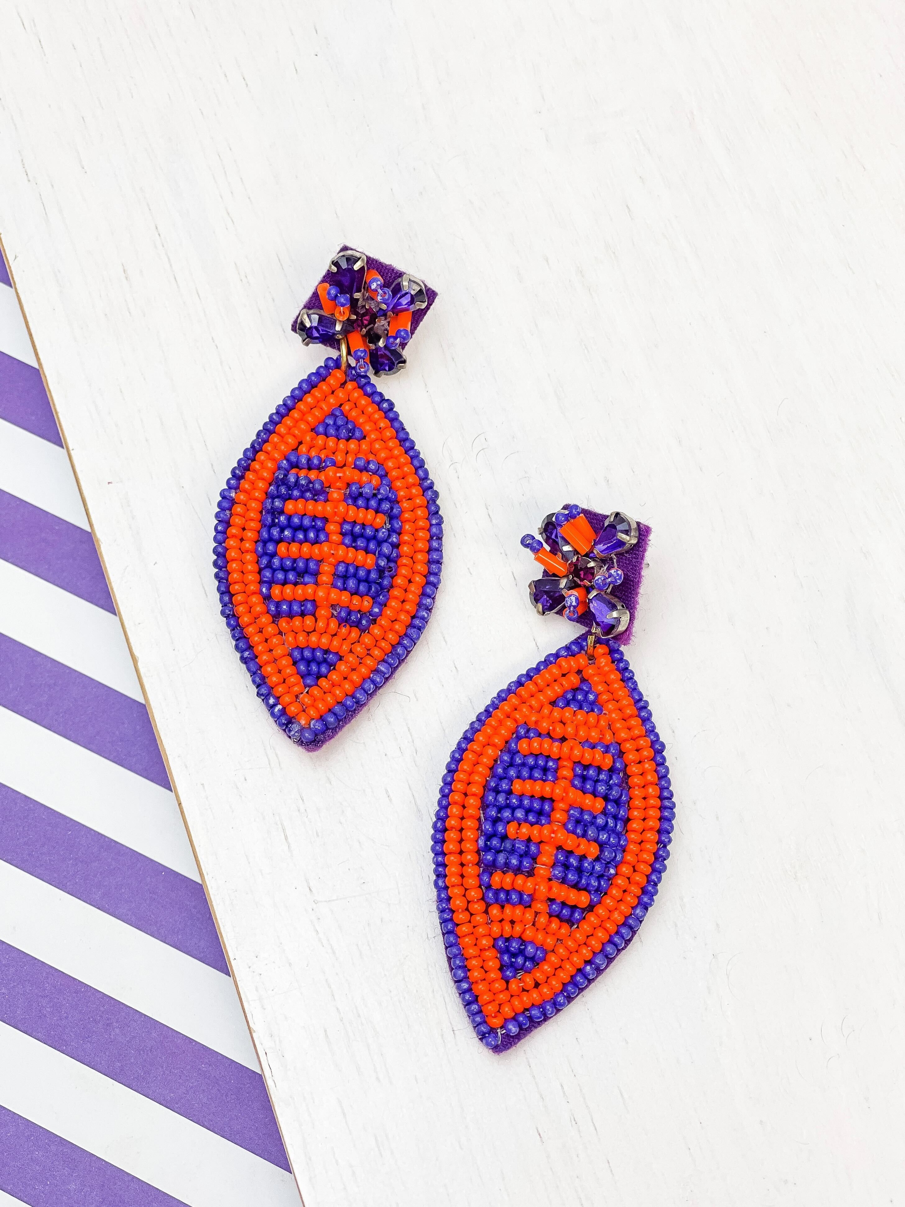 Glitzy Post Football Dangle Earrings - Purple & Orange