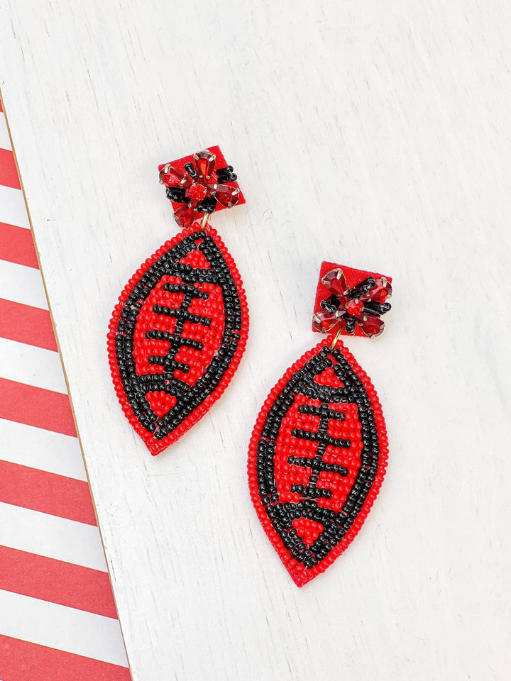 Glitzy Post Football Dangle Earrings - Red & Black