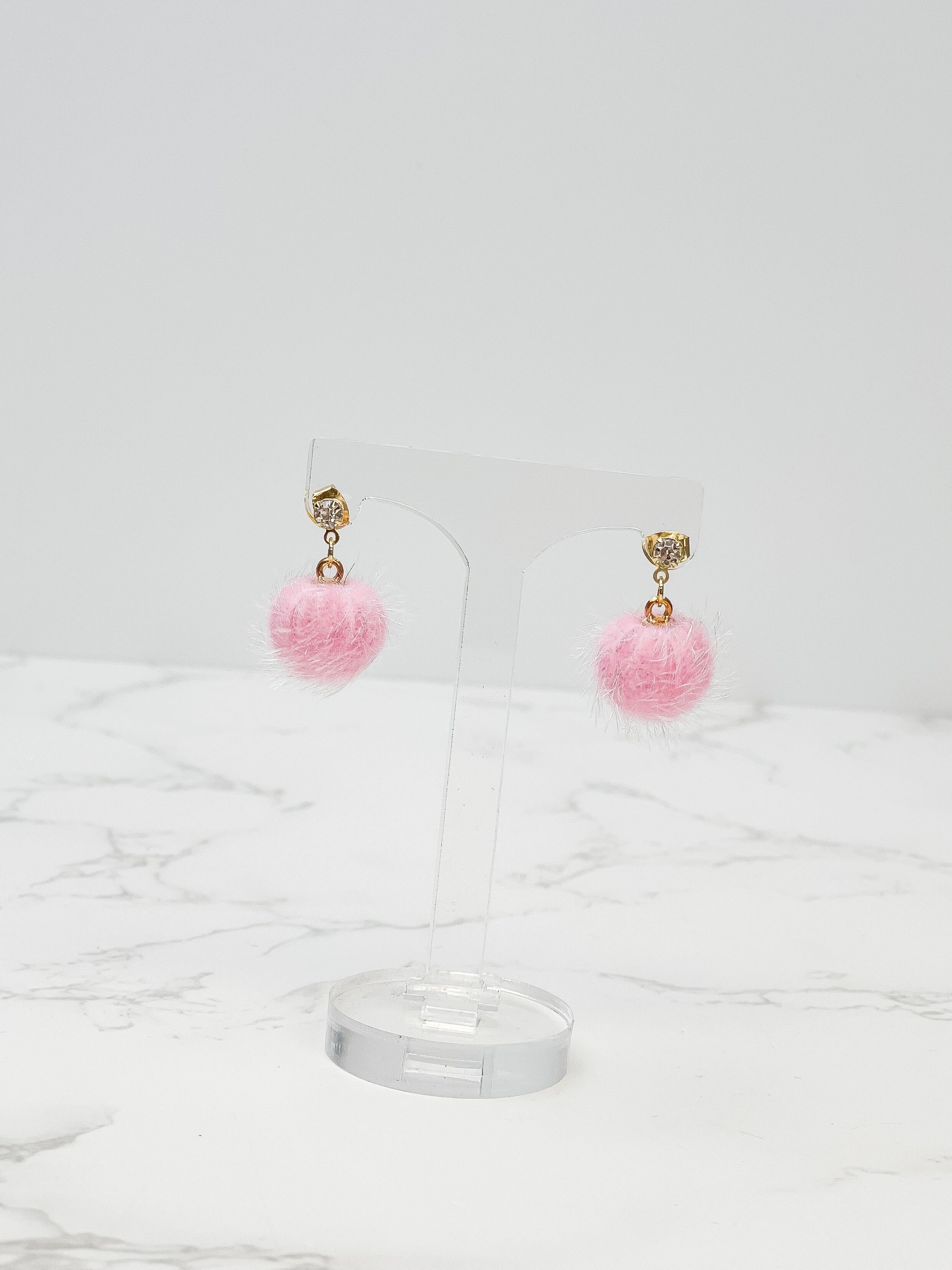 Pom Post Dangle Earrings - Pink