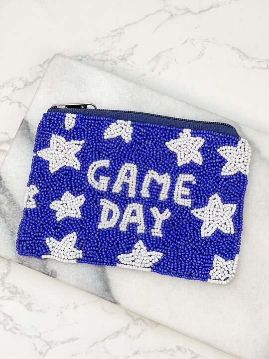 Star 'Game Day' Beaded Zip Pouch - Blue & White