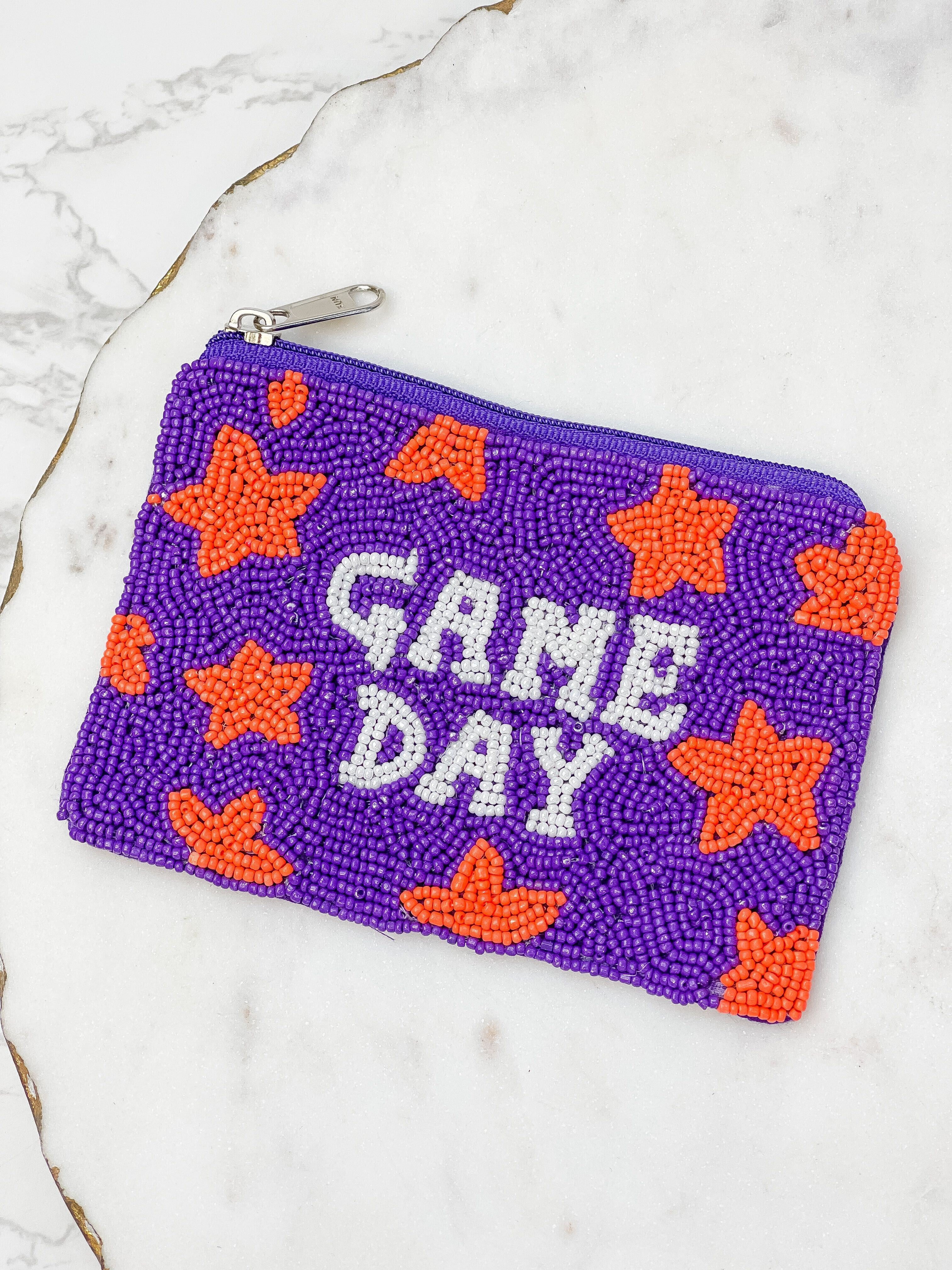 Star 'Game Day' Beaded Zip Pouch - Purple & Orange