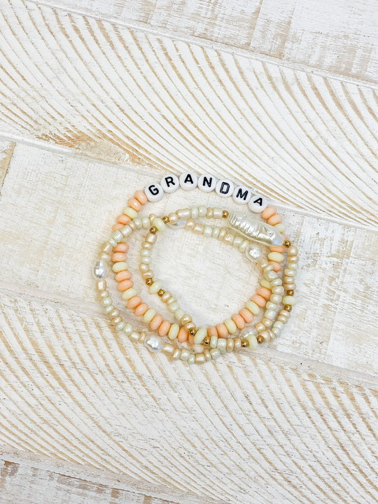 'Grandma' Beaded Stretch Bracelet Set - Ivory