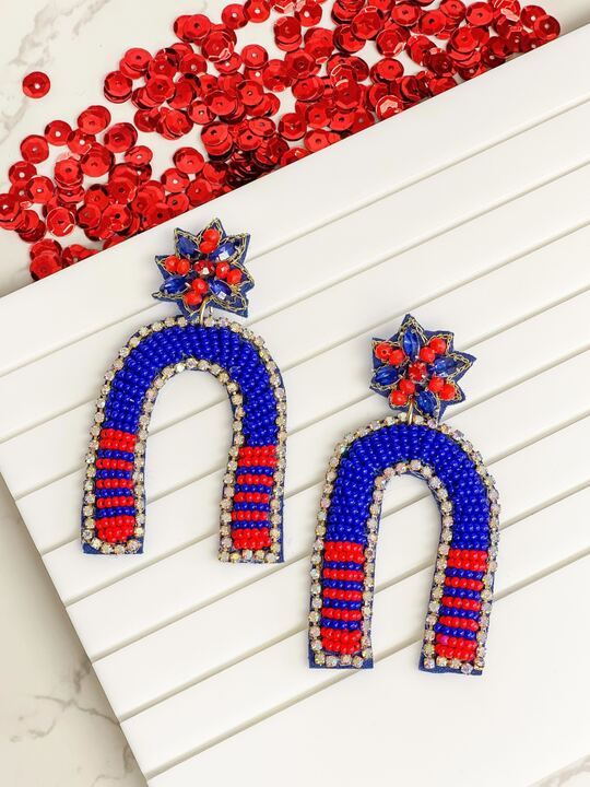Game Day Beaded Arch Dangle Earrings - Blue & Red