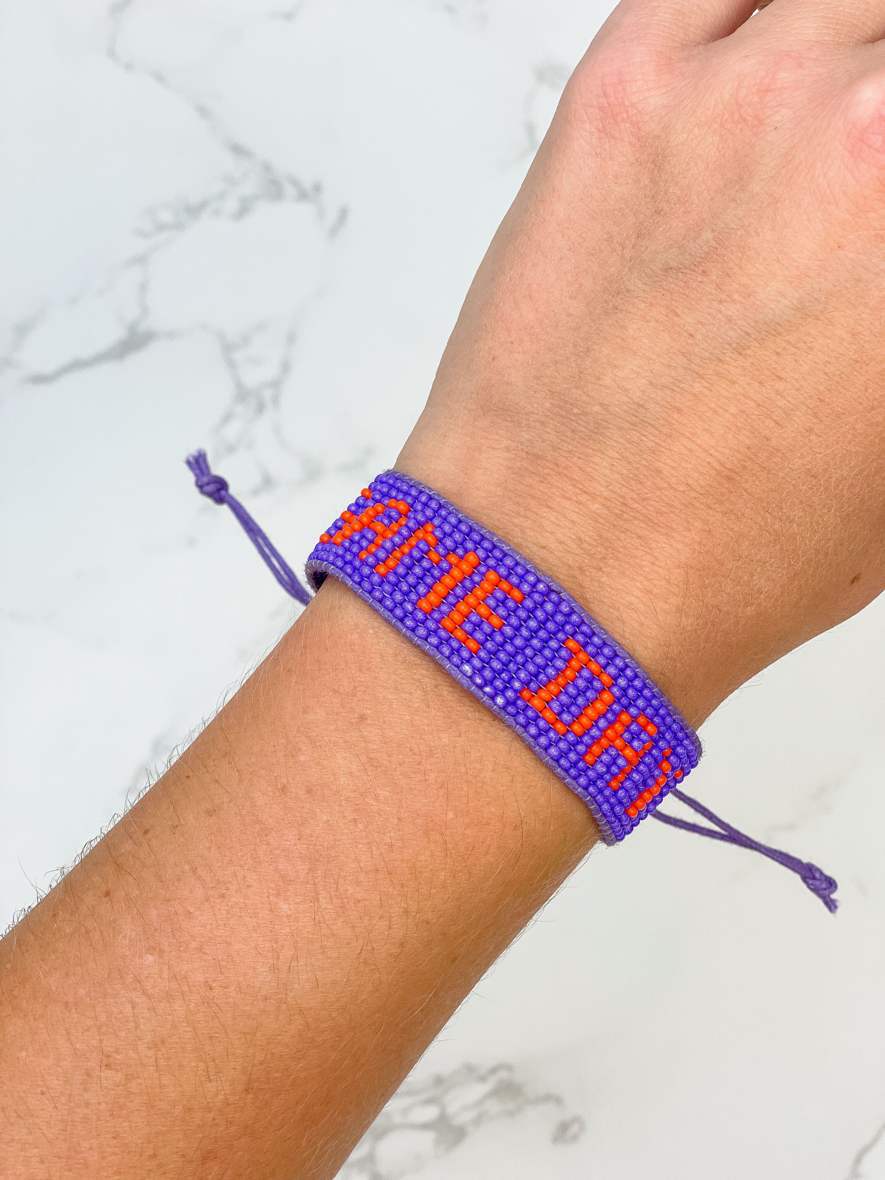 'Game Day' Beaded Adjustable Bracelet - Purple & Orange