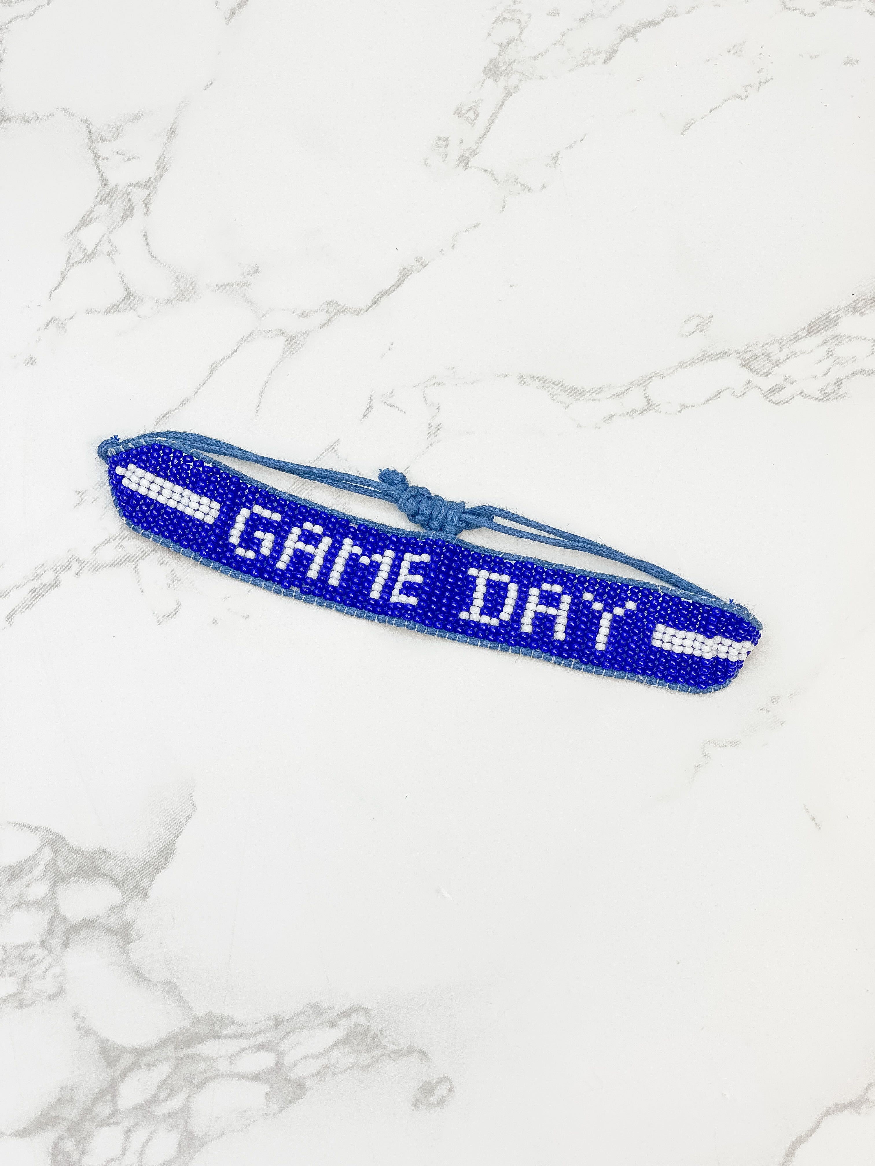 'Game Day' Beaded Adjustable Bracelet - Blue & White