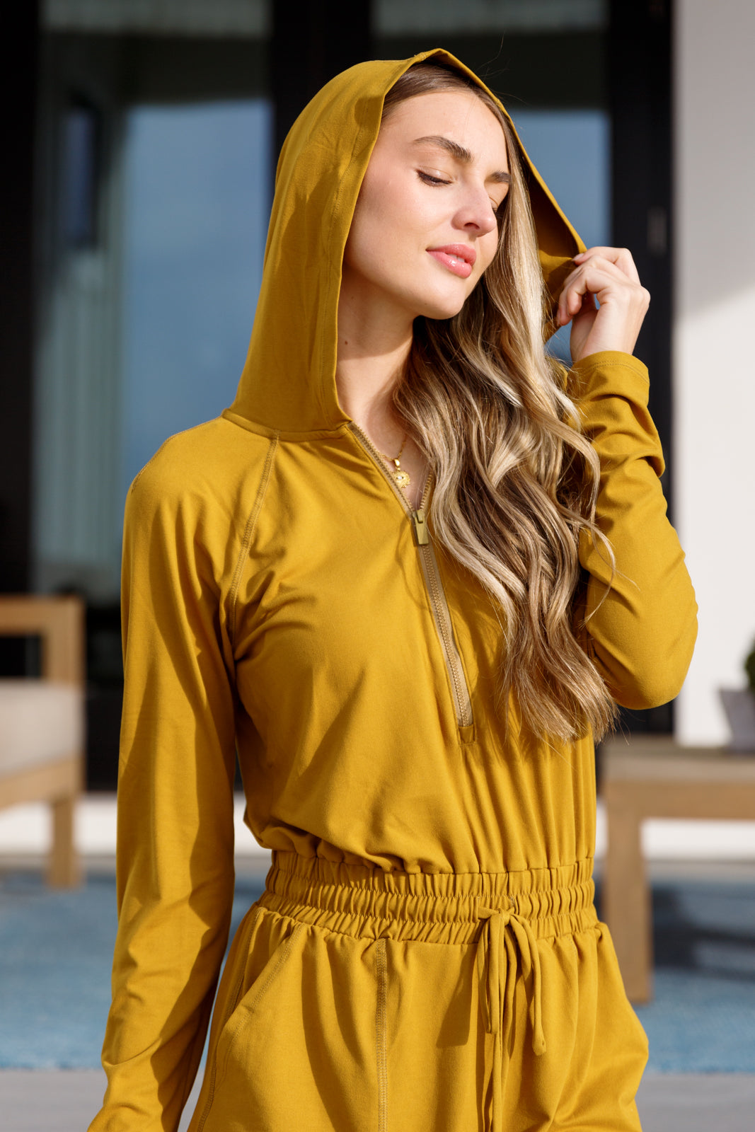 Getting Out Long Sleeve Hoodie Romper Gold Spice - 5/13