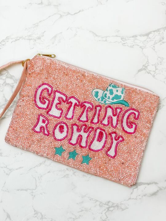'Getting Rowdy' Beaded Zip Wristlet - Pink