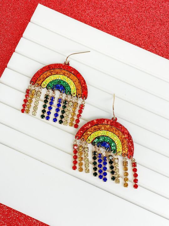 Glitter Rainbow Rhinestone Tassel Earrings