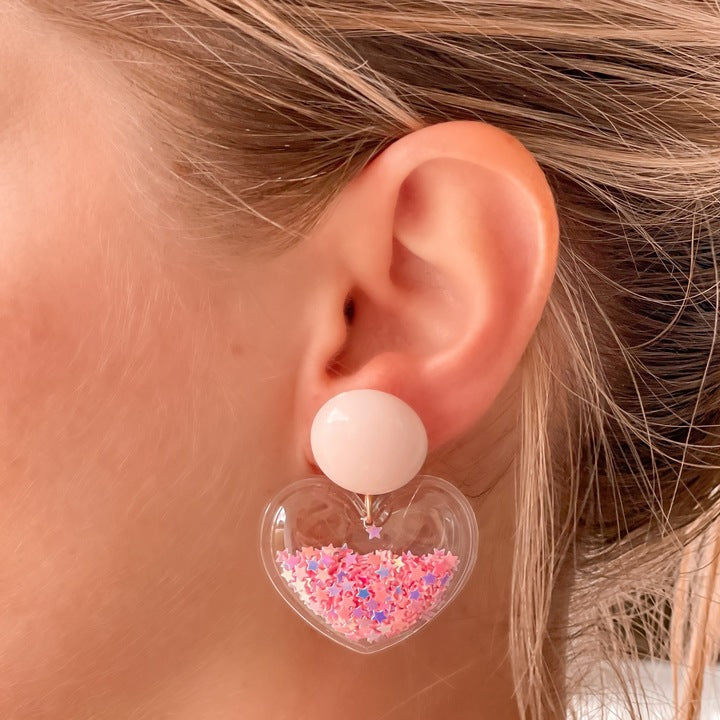 Glitter Shaker Heart Dangle Earrings - Pink
