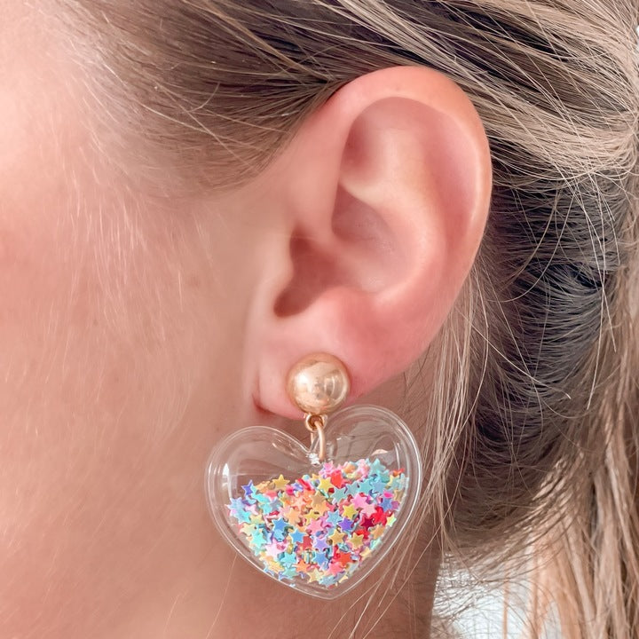 Glitter Shaker Heart Dangle Earrings - Gold