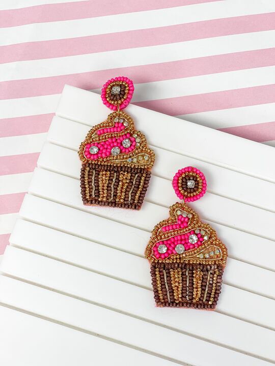 Glitzy Cupcake Beaded Dangle Earrings - Hot Pink