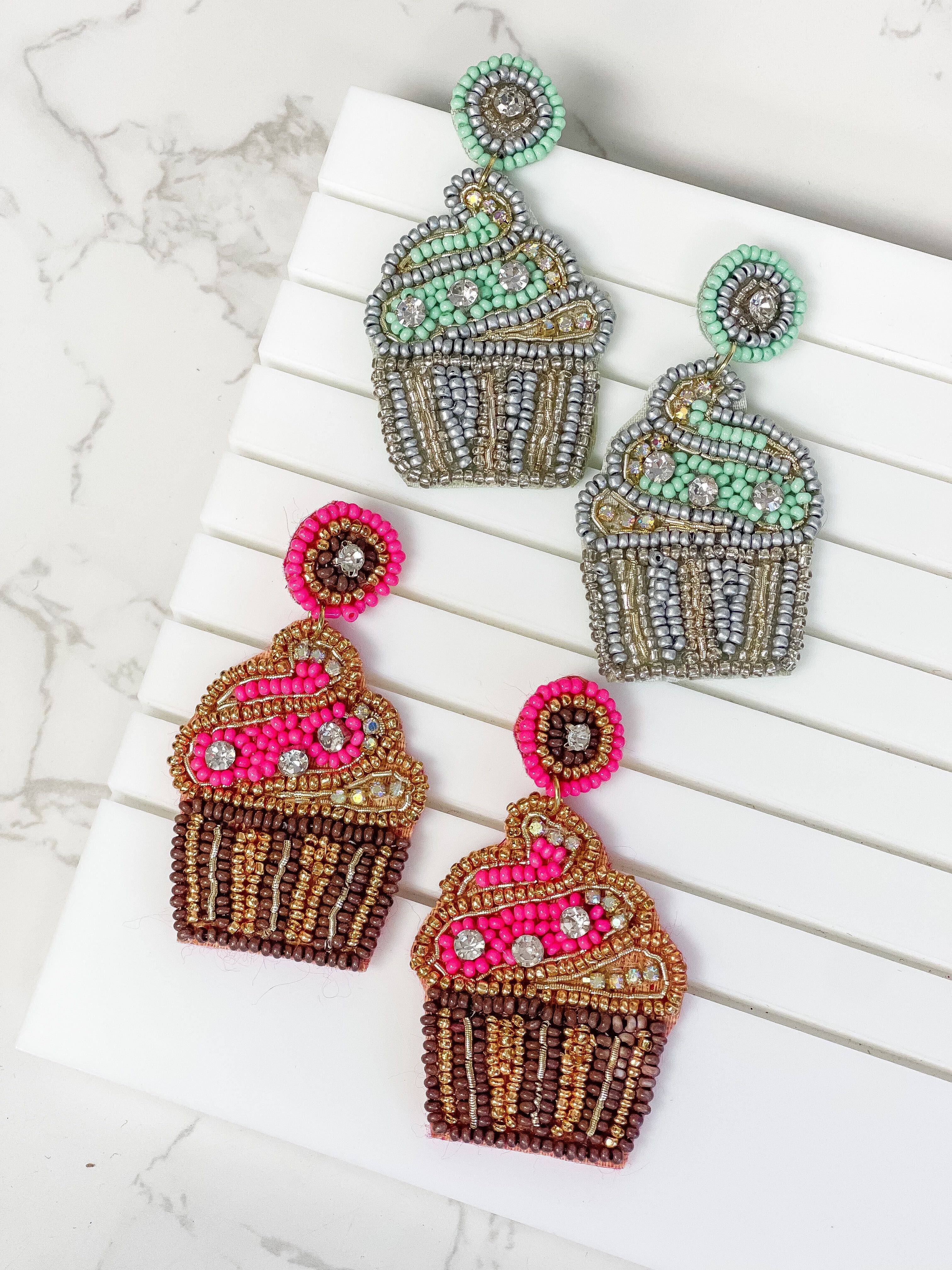 Glitzy Cupcake Beaded Dangle Earrings - Mint