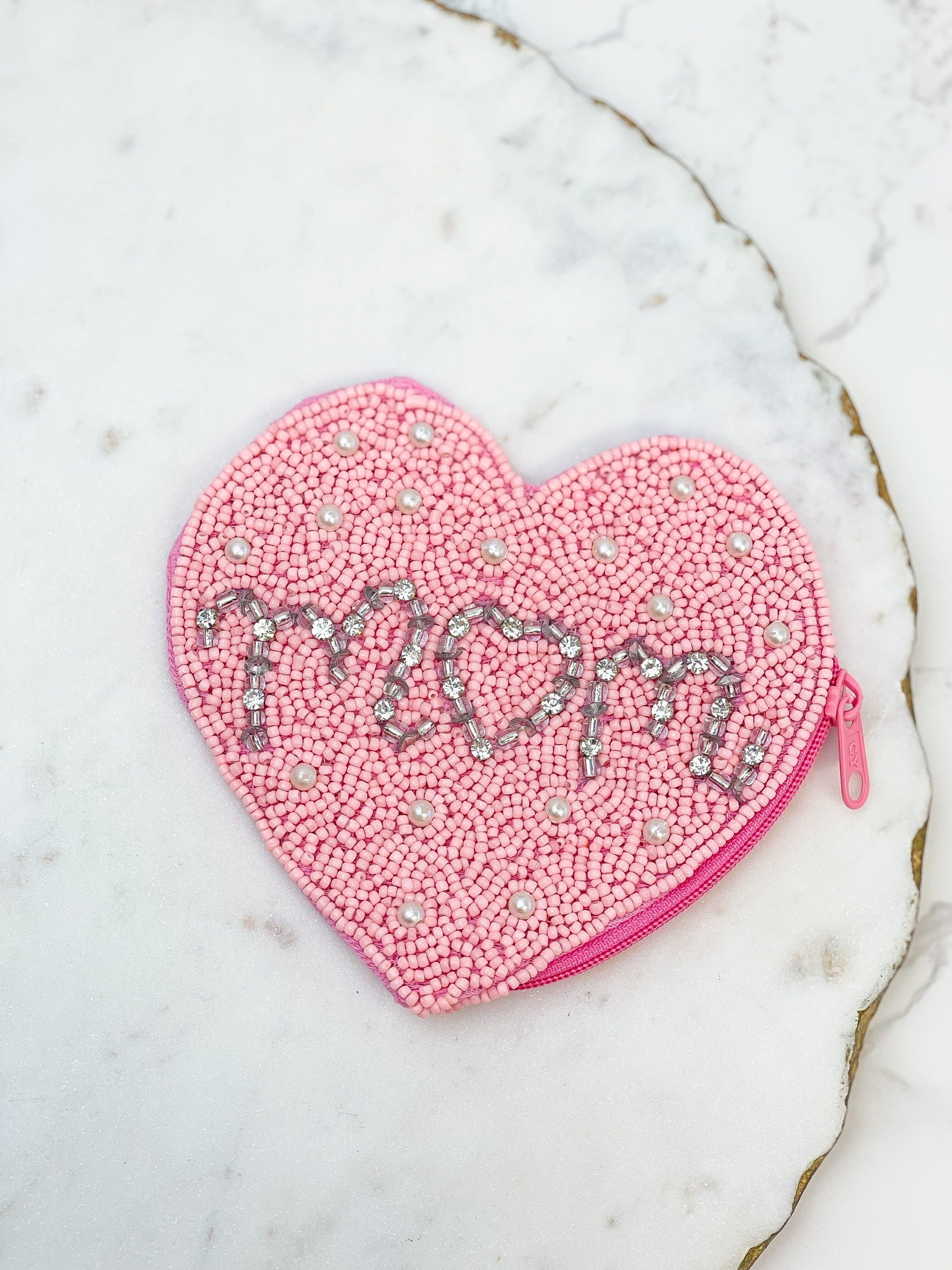 Glitzy 'Mom' Beaded Zip Pouch - Pink