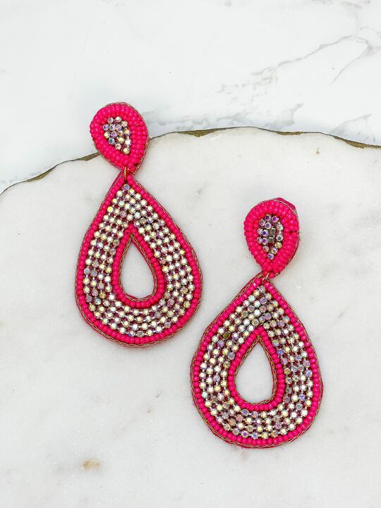Glitzy Seed Bead Teardrop Dangle Earrings - Pink