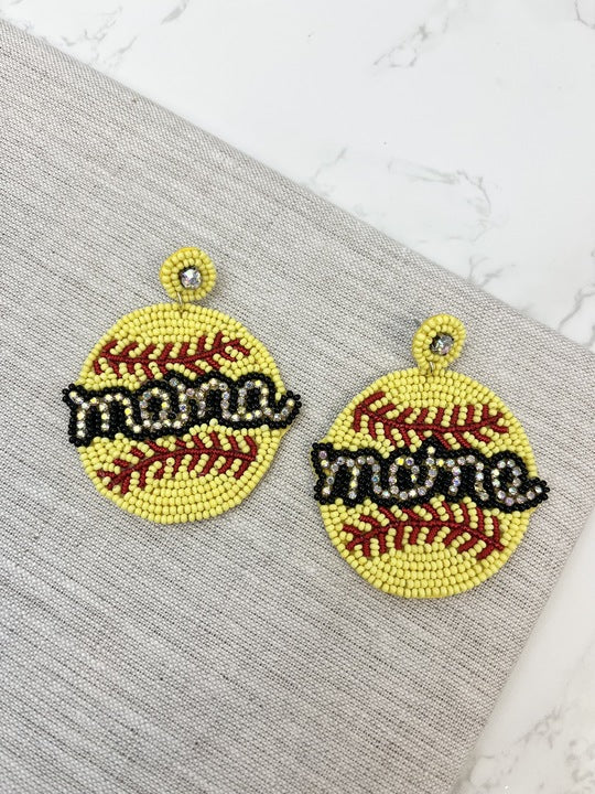 Glitzy Softball Mama Beaded Dangle Earrings