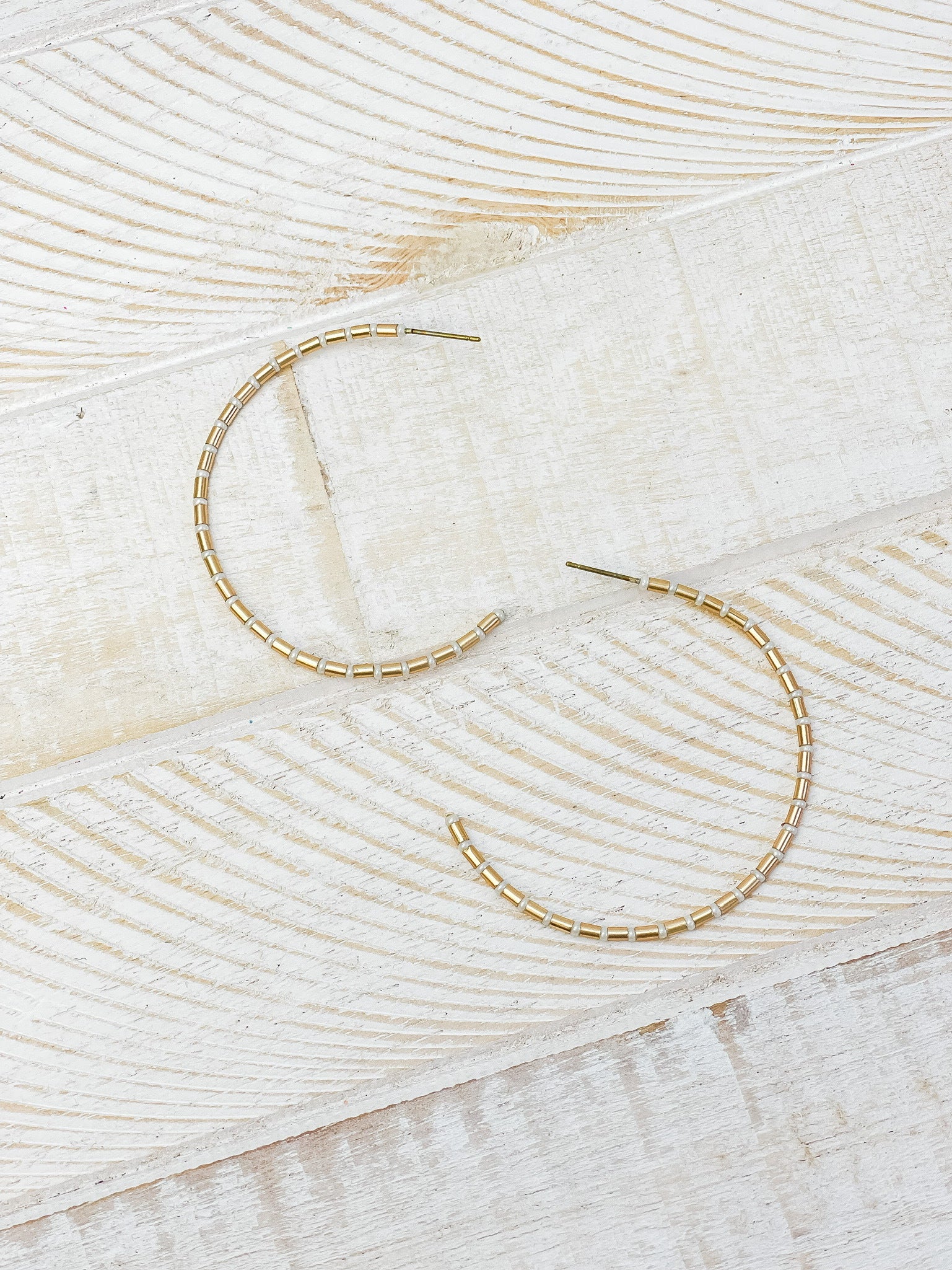 Gold Beaded Skinny Hoop Earrings - White