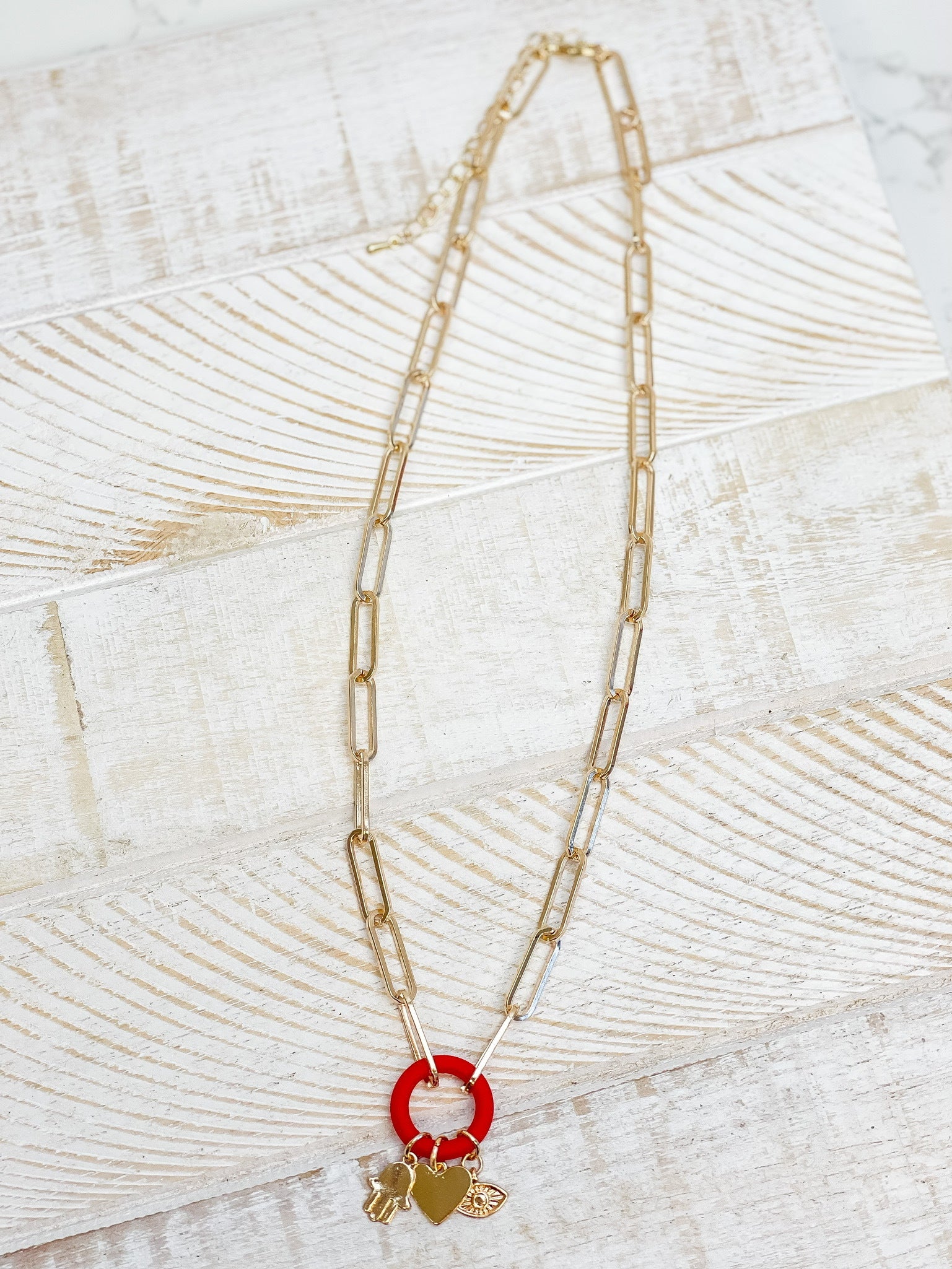 Gold Paperclip Silicone Ring Charm Necklace - Red