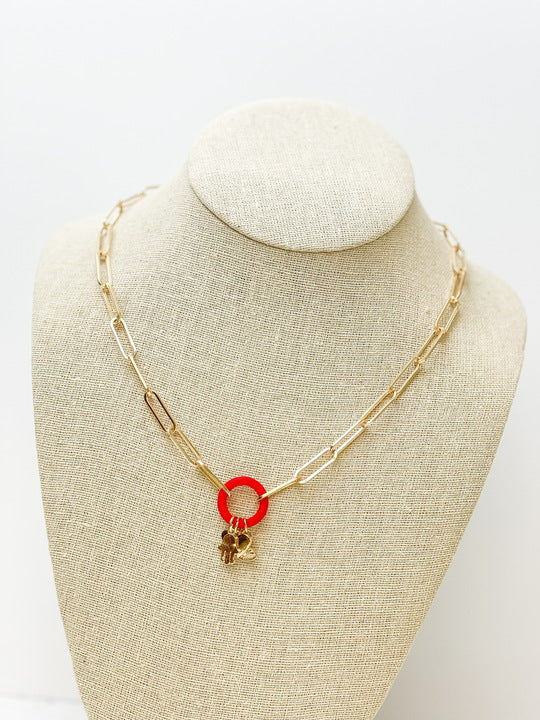 Gold Paperclip Silicone Ring Charm Necklace - Red