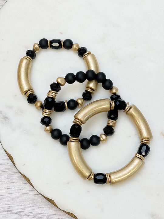 Gold Tube Beaded Stretch Bracelet Set - Black