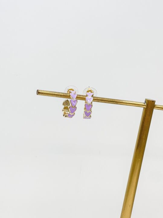 Gold & Enamel Heart Hoop Earrings - Purple