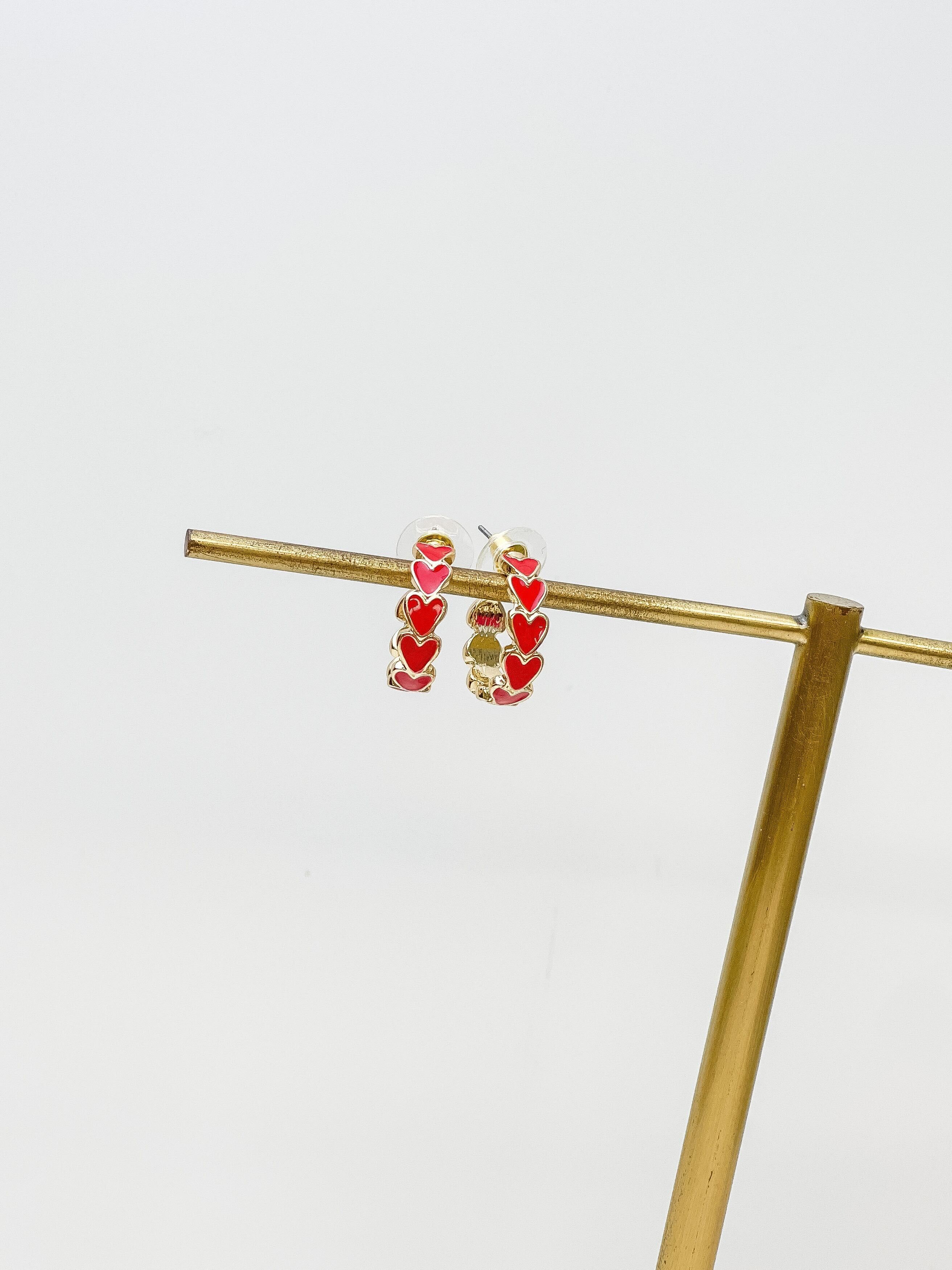 Gold & Enamel Heart Hoop Earrings - Red