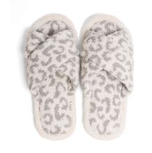 Leopard Criss Cross Fuzzy Slippers - Gray