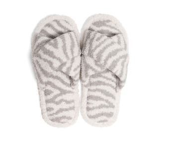 Zebra Criss Cross Fuzzy Slippers - Gray