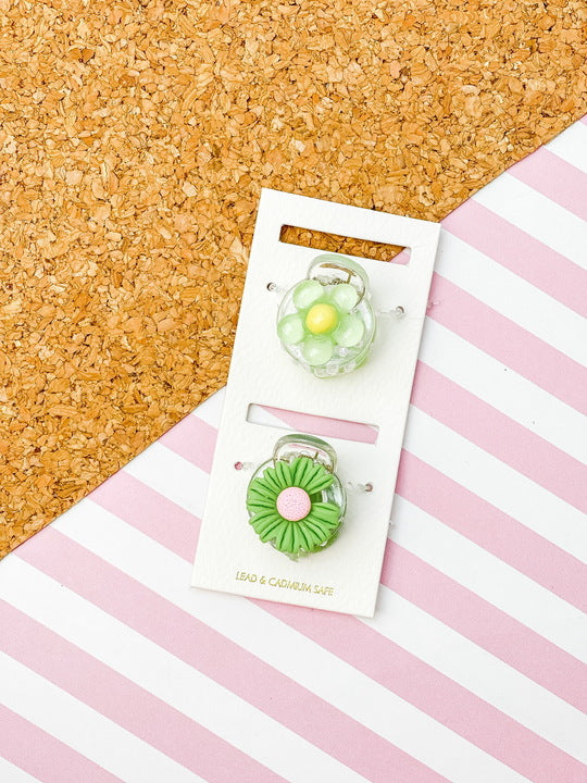 Mini Acrylic Hair Clip Set - Green Daisy