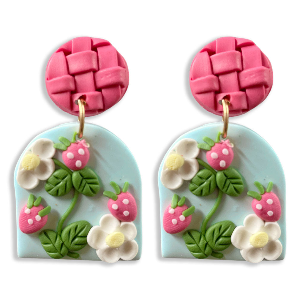 Strawberry Garden Clay Dangle Earrings - Blue & Pink