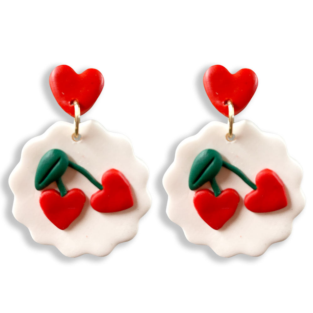 Heart Cherry Clay Dangle Earrings - White & Red