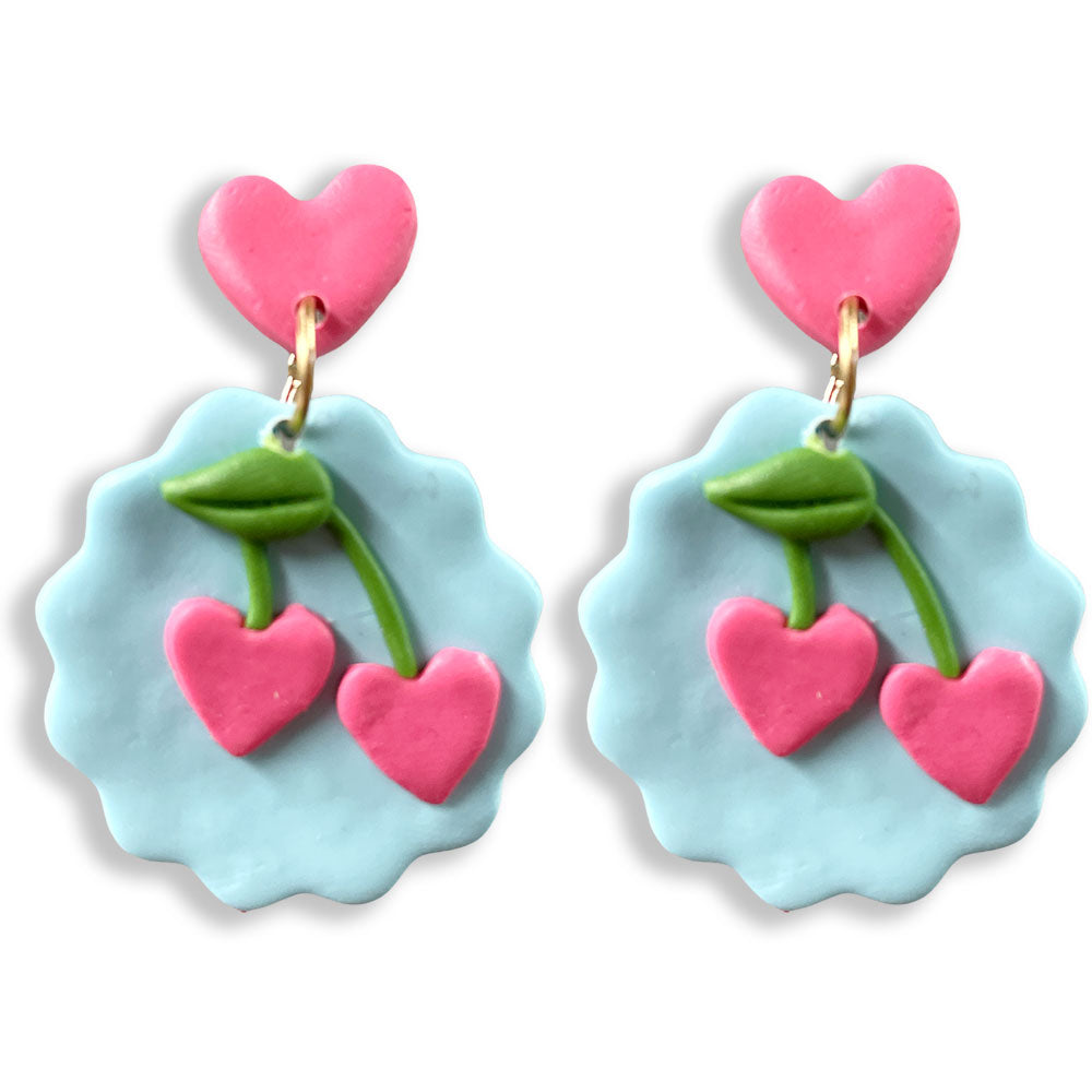 Heart Cherry Clay Dangle Earrings - Blue & Pink
