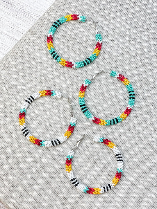 Serape Beaded Hoop Earrings - White