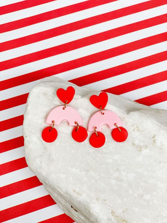 Heart Dangle Arch Earrings - Pink