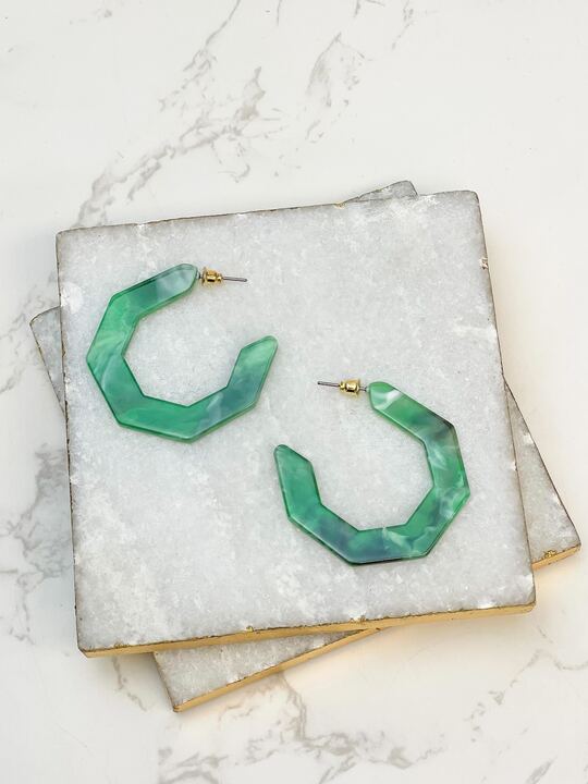 Marbled Geometric Hoop Earrings - Green