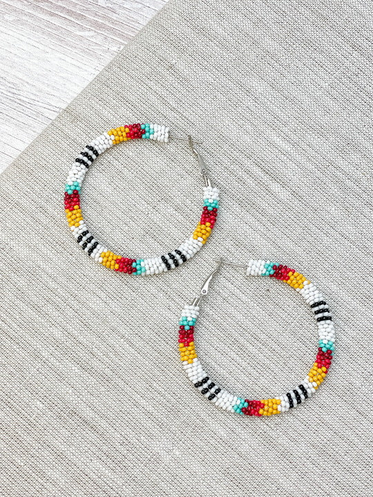Serape Beaded Hoop Earrings - White